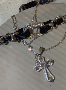 双层叠戴项链十字架pu皮质