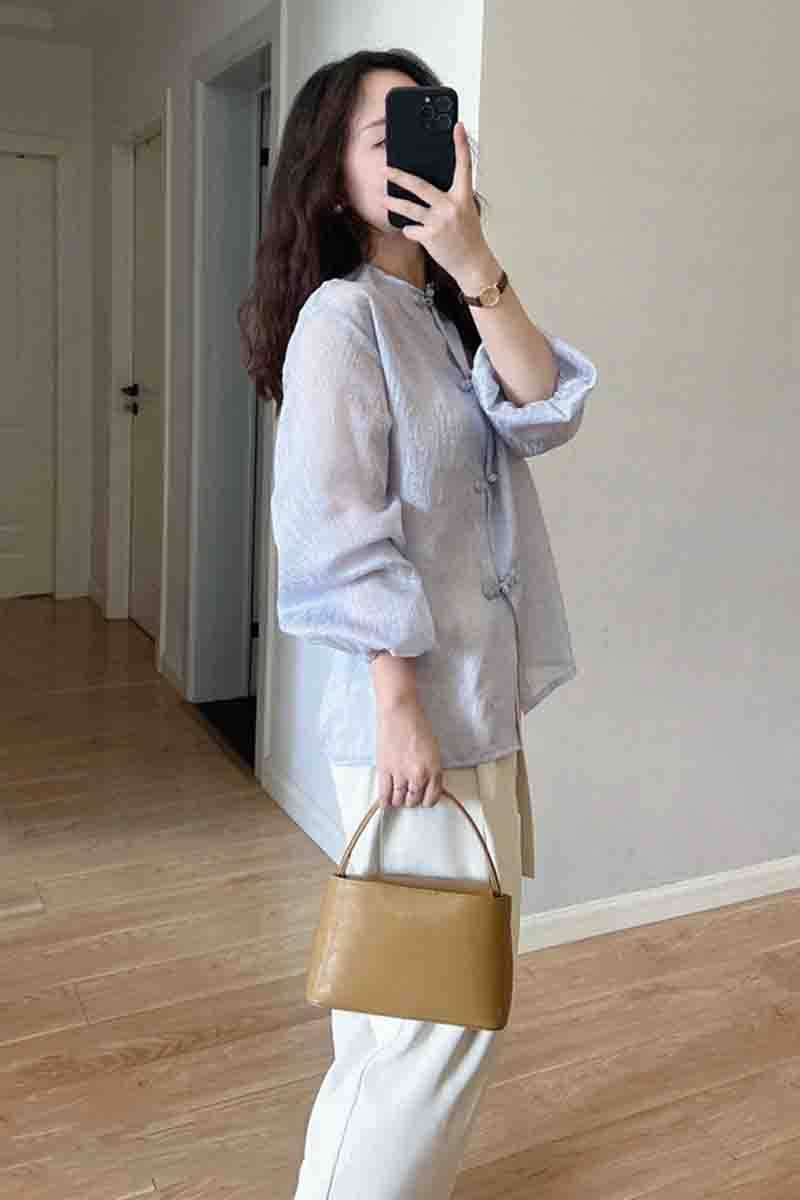 新中式复古设计感蓝色雪纺盘扣衬衫 蒂曼芳衬衫