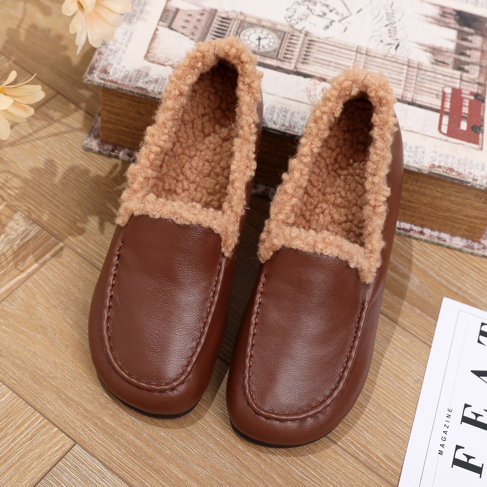 真皮软底乐福鞋女秋冬新款单鞋软皮羊毛休闲鞋平底豆豆小皮鞋大码,淘宝优惠券,粉丝福利购,淘宝优惠卷