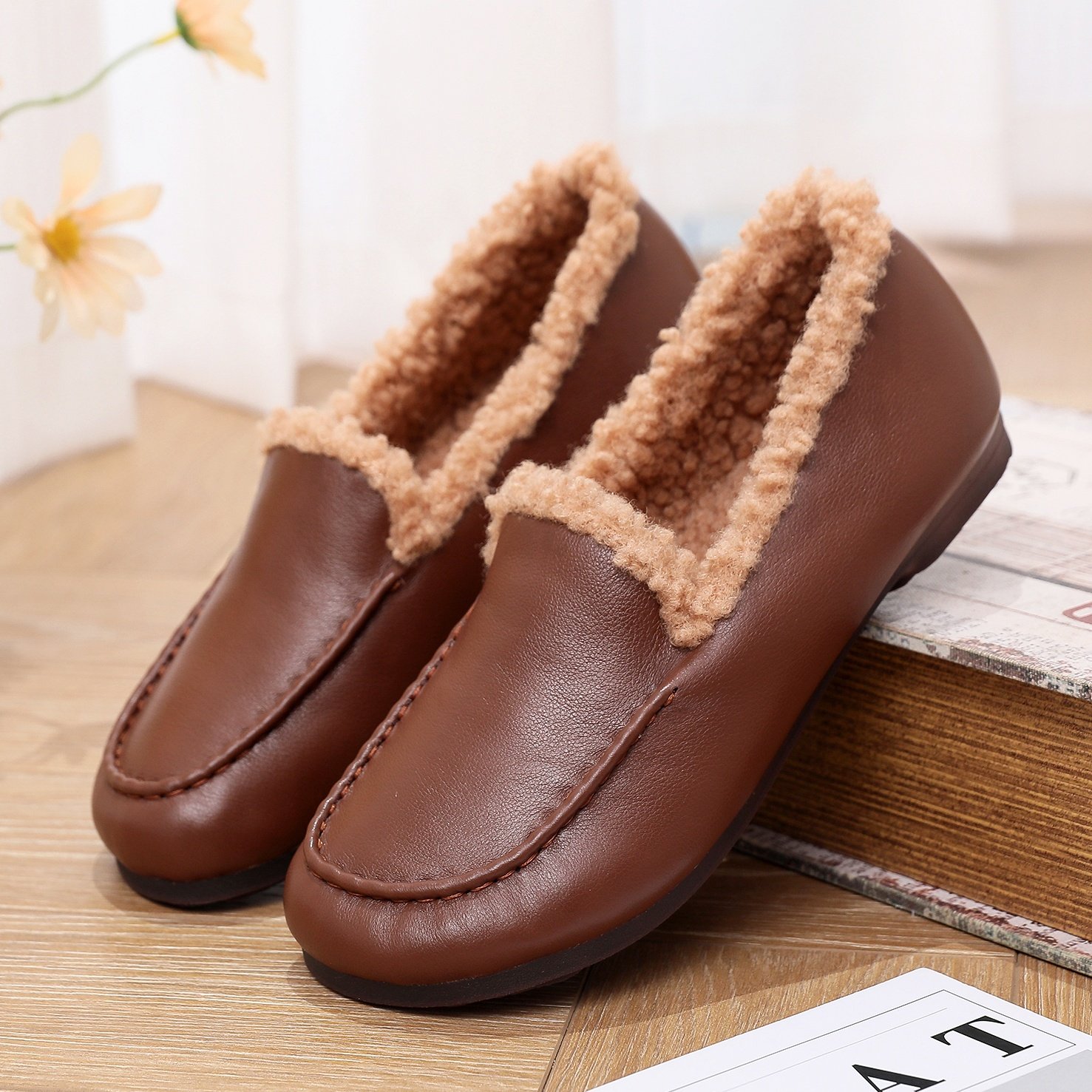 真皮软底乐福鞋女秋冬新款单鞋软皮羊毛休闲鞋平底豆豆小皮鞋大码,淘宝优惠券,粉丝福利购,淘宝优惠卷