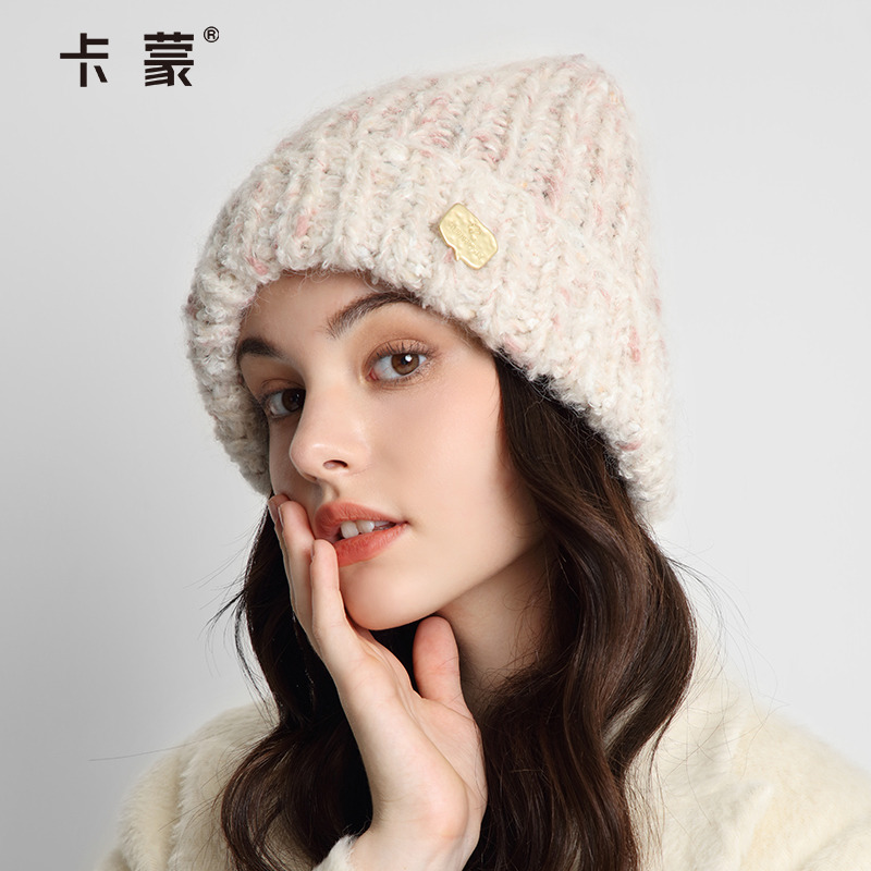 卡蒙帽子女款秋冬粗毛线帽大头围双层加厚护额保暖针织帽猫耳造型
