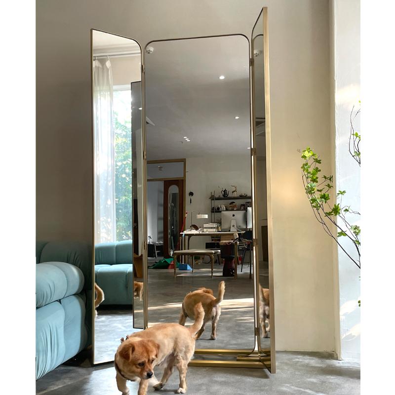 Brassart定制黄铜北欧复古穿衣全身三折叠别墅落地镜试衣镜 - 图1