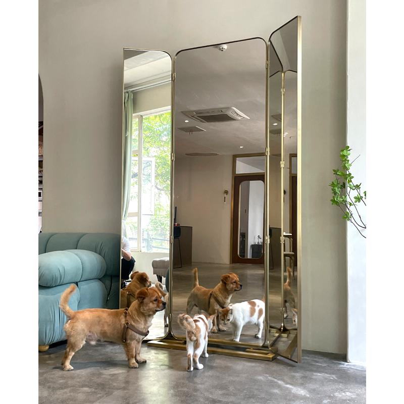 Brassart定制黄铜北欧复古穿衣全身三折叠别墅落地镜试衣镜 - 图0