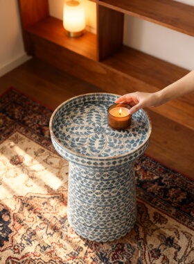 民族风手工蓝色几何陶瓷茶几摆件