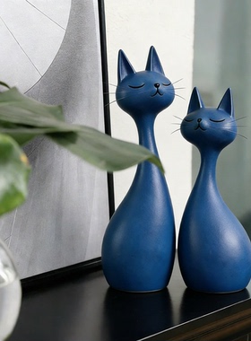北欧轻奢蓝色猫咪摆件高级感小众