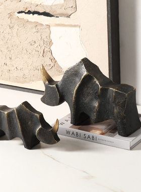 新中式侘寂风古抽象金角犀牛摆件别墅办公室书柜家居装饰工艺品