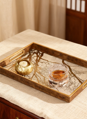 轻奢金色树枝托盘长方形茶盘
