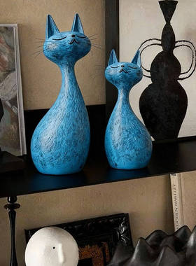 蓝色猫咪装饰摆件一对家居工艺品