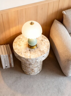 法式侘寂天然洞石手工边几