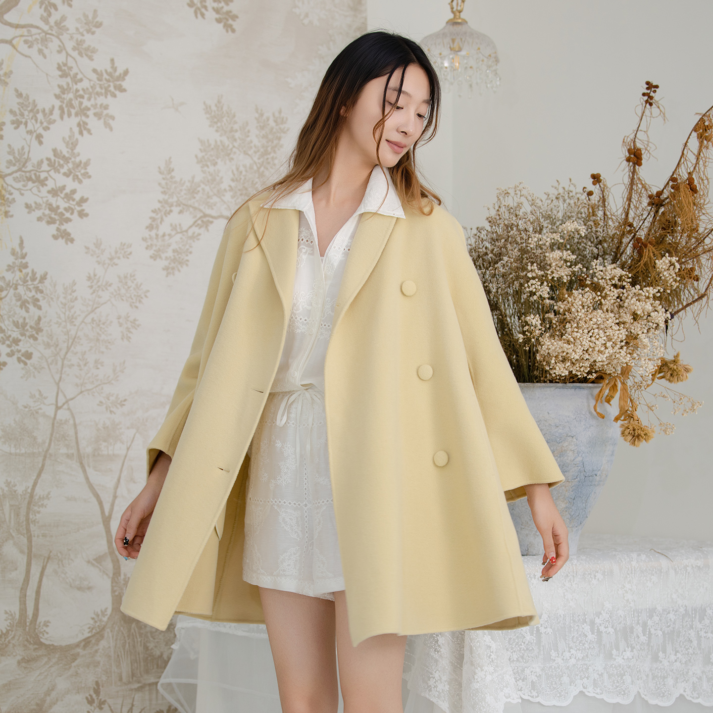 READ_ME读我经典设计感超宽叠襟双排扣A摆羊毛黄色大衣B30933507 - 图1