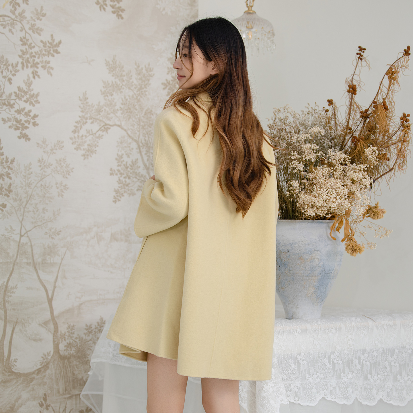 READ_ME读我经典设计感超宽叠襟双排扣A摆羊毛黄色大衣B30933507 - 图3