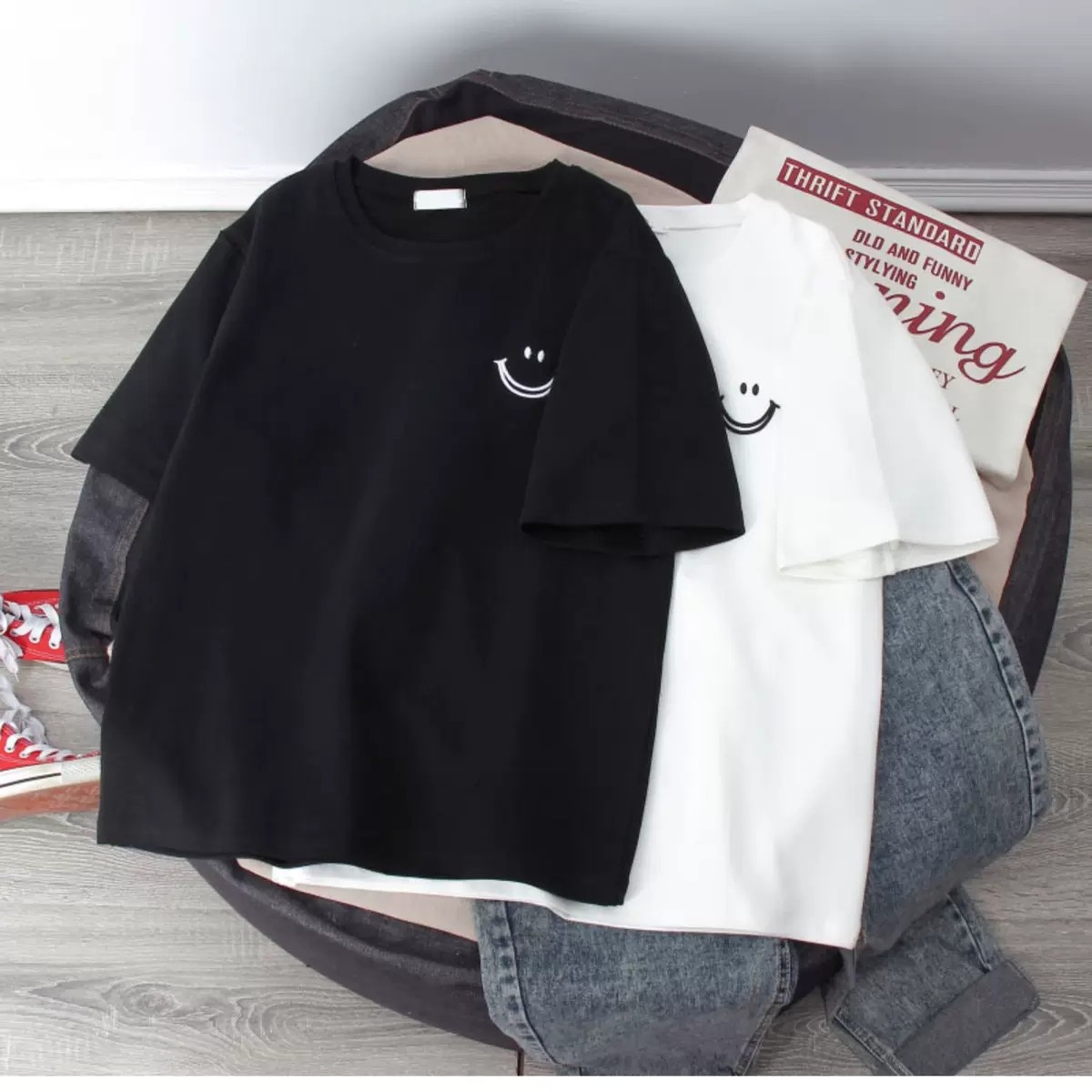 纯棉白色男女情侣t恤短袖2025夏季新款笑脸潮装炸街宽松大码上衣,淘宝优惠券,粉丝福利购,淘宝优惠卷