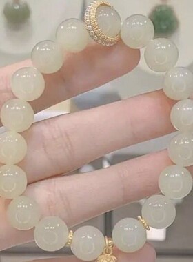 新款天然和田玉奶油色浅色圆珠搭配925银镀金两世欢送女友闺蜜