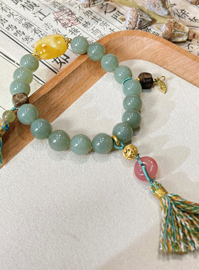巧恩古风设计天然玉石和田青玉沉香算盘珠盐源玛瑙平安扣手串批发