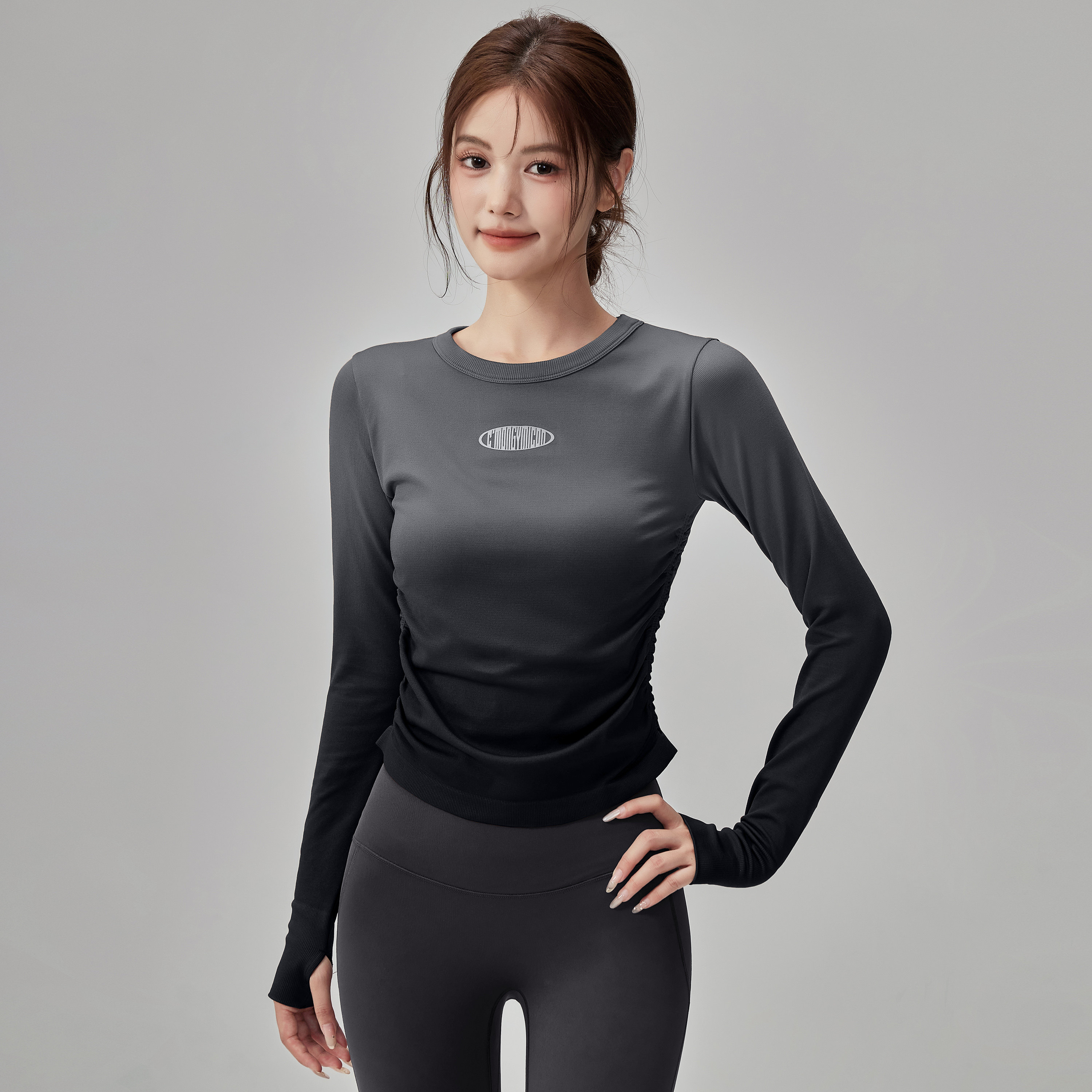 岚纹圆领运动健身上衣渐变紧身瑜伽服女显瘦高弹跑步t恤训练长袖,淘宝优惠券,粉丝福利购,淘宝优惠卷