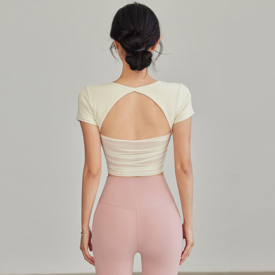 岚纹含胸垫美背瑜伽服网纱镂空运动短袖女跑步健身普拉提上衣夏季