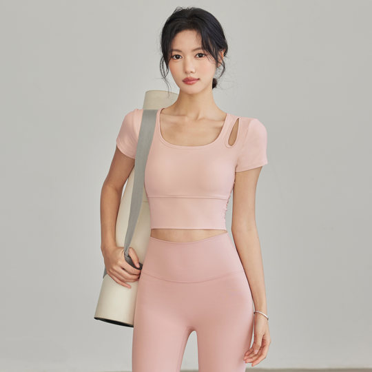 岚纹含胸垫美背瑜伽服网纱镂空运动短袖女跑步健身普拉提上衣夏季