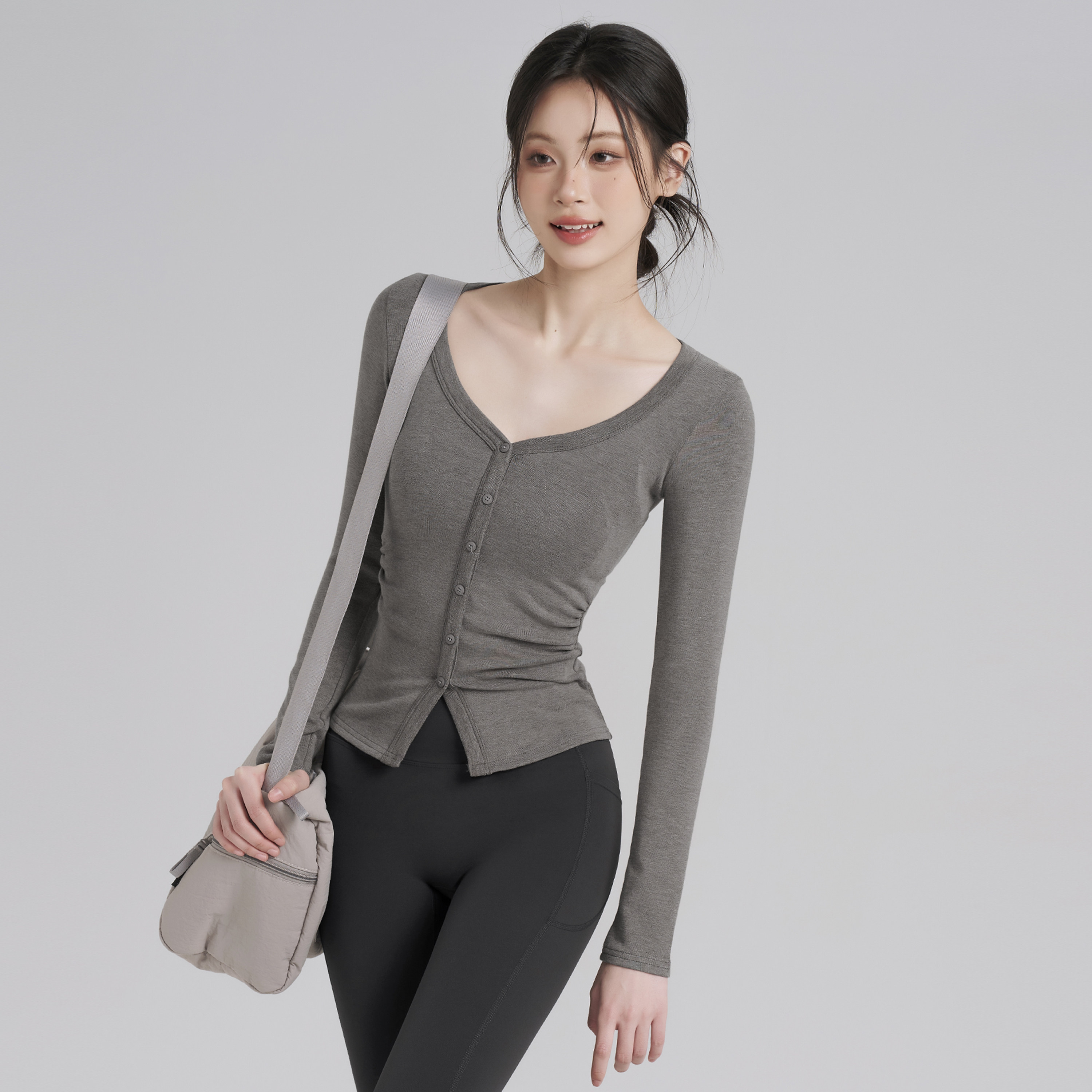 岚纹瑜伽服长袖V领纽扣开衫修身收腰显瘦瑜伽服T恤女跑步运动上衣,淘宝优惠券,粉丝福利购,淘宝优惠卷