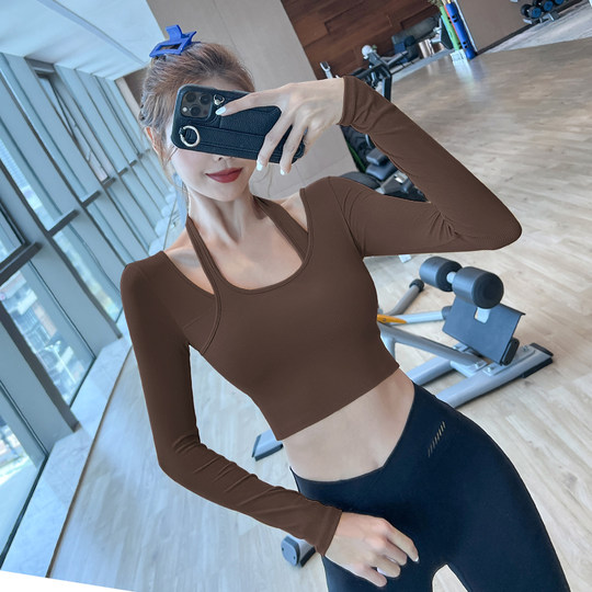 Lan pattern bra padded halter neck and navel exposed short fitness long sleeves