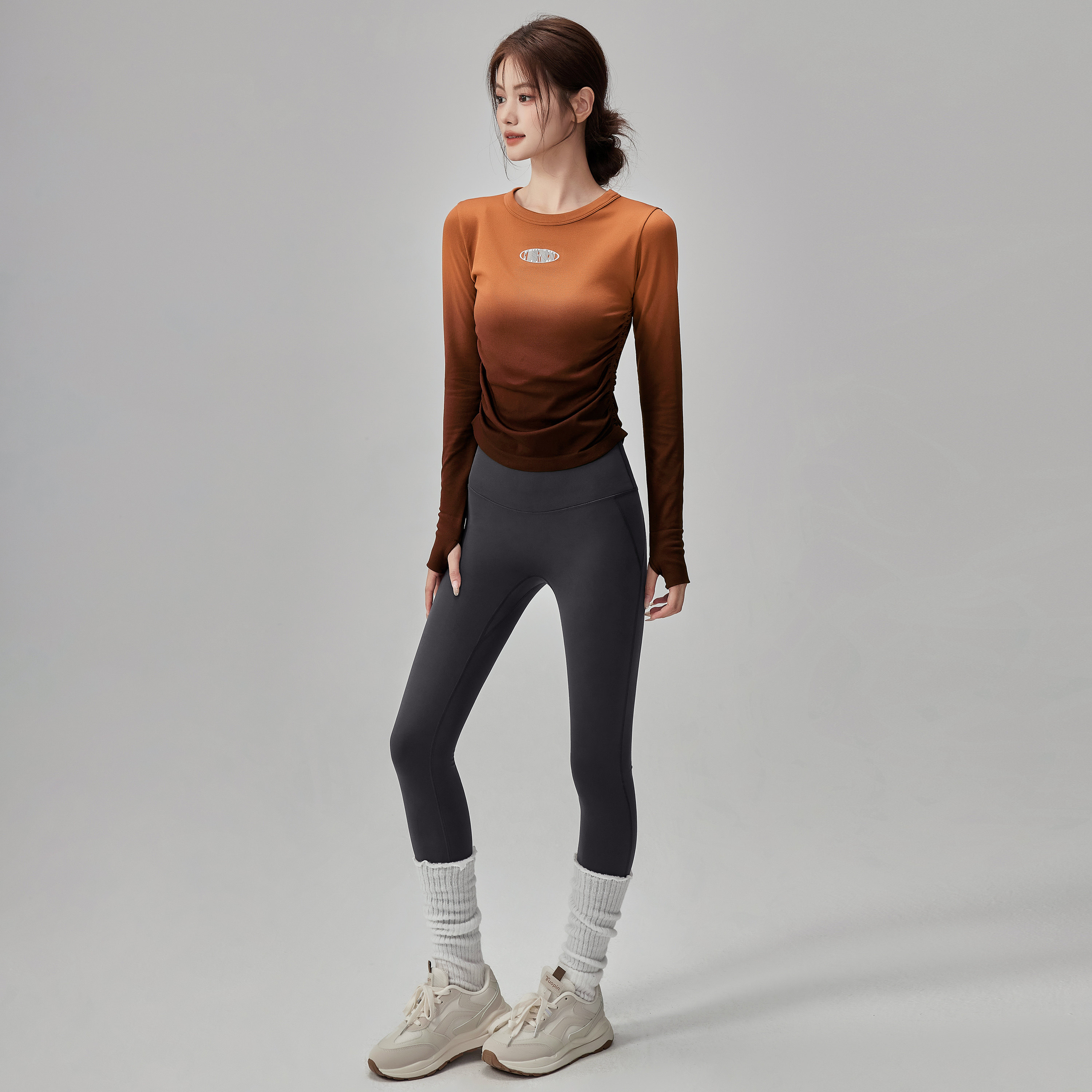 岚纹圆领运动健身上衣渐变紧身瑜伽服女显瘦高弹跑步t恤训练长袖,淘宝优惠券,粉丝福利购,淘宝优惠卷