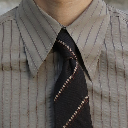 复古大尖领抗皱修身老钱风意式休闲 文艺雅痞百搭泡泡纱条纹衬衫 - 图3