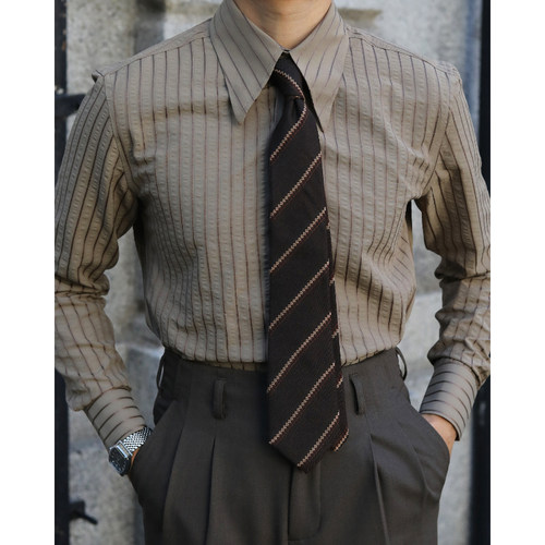 复古大尖领抗皱修身老钱风意式休闲 文艺雅痞百搭泡泡纱条纹衬衫 - 图2