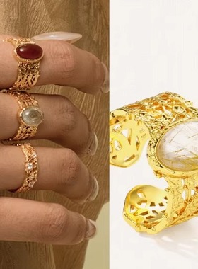 OOAK列维斯蕾丝半宝石开口可调节宝石镶嵌戒指手镯轻奢经典复古