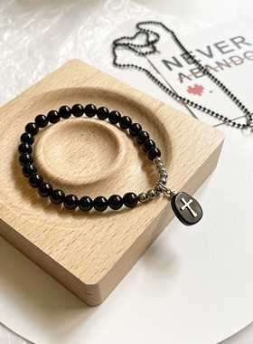 情侣款黑玛瑙十字架钛钢项链