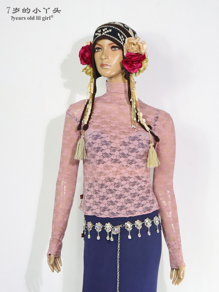 肚皮舞舞蹈服 热销2019新款韩国蕾丝高领长袖扣指上衣HCC04 - 图0