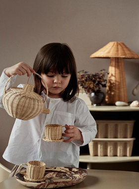 现货瑞典代购Ferm living茶壶茶杯套装藤条精美北欧风格玩具摆件