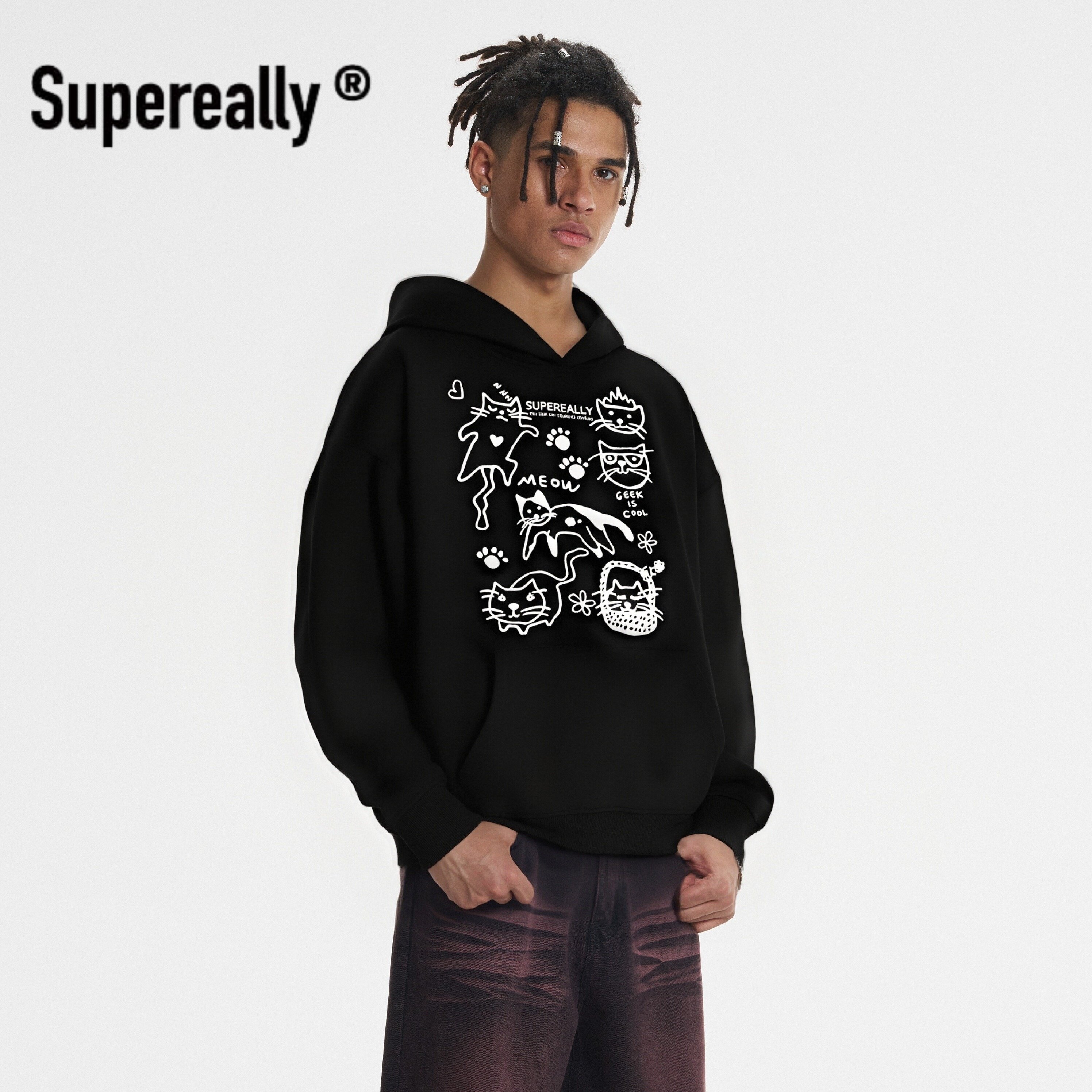 supereally  清融同款潮牌趣味小猫涂鸦宽松休闲减龄百搭连帽卫衣,淘宝优惠券,粉丝福利购,淘宝优惠卷