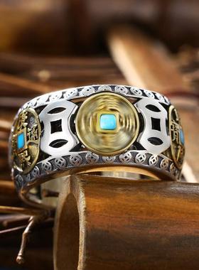 镀925银新品天然松石转动五帝钱