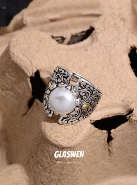 冷淡风浮雕唐草纹盾牌大号戒指女