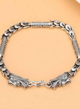 镀925银复古回纹龙头男士手链潮流个性龙鳞双龙头手链