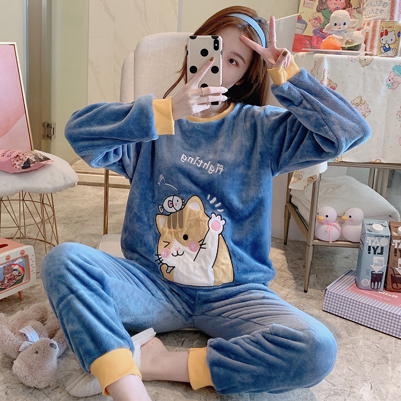 晨旺久旗舰店睡衣女秋冬季长袖年新款加厚珊瑚法兰绒居家服套装初中生冬天3