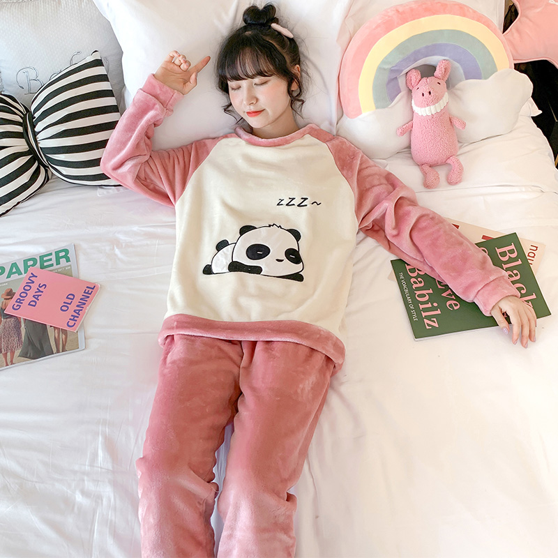 晨旺久旗舰店春秋冬季珊瑚绒睡衣女冬加厚加绒保暖家居服新款可外穿法兰绒套装3