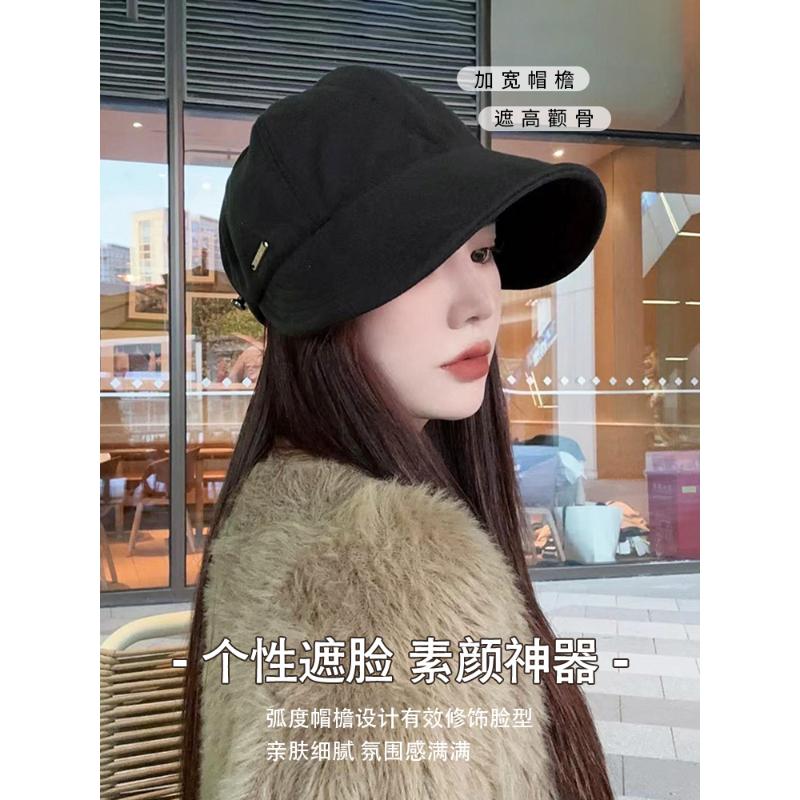 韩版加宽遮脸鸭舌帽子女春秋百搭显脸小渔夫帽明星同款休闲毛呢帽-图1