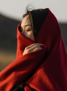 山羊绒围巾女秋冬季加厚保暖围脖空调房超大纯色红色披肩川西旅游