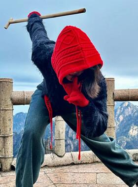 毛线针织巴拉克拉法帽连围脖一体帽子秋冬天护颈保暖红色围巾氛围