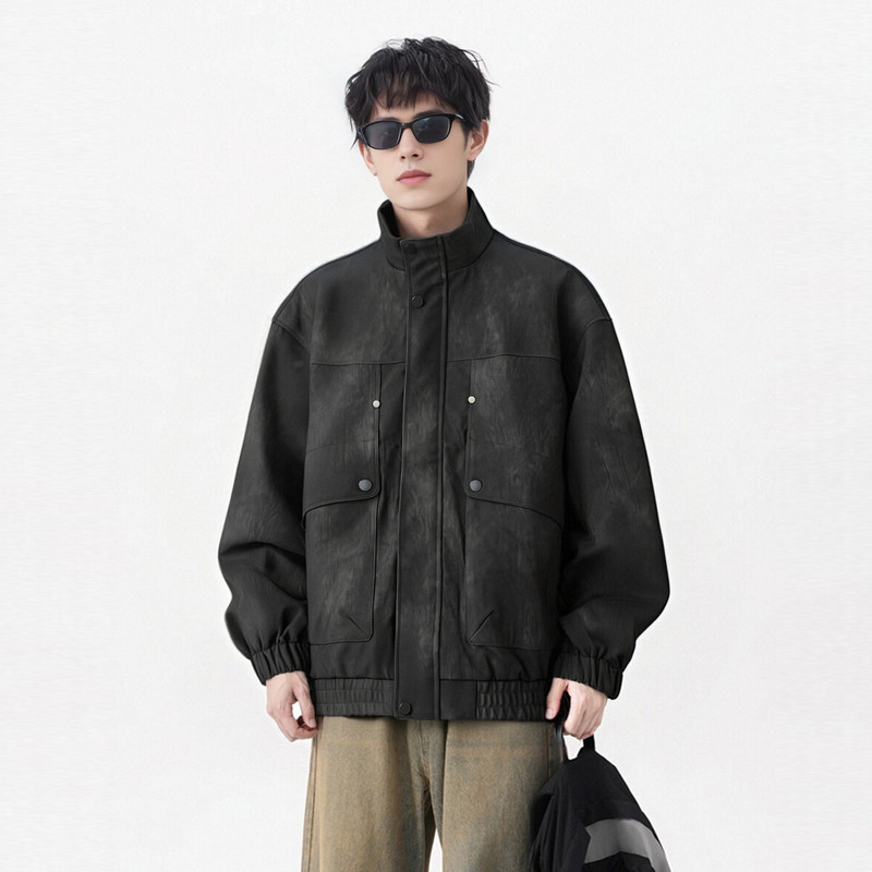 快鱼男士人造革皮衣25年秋新款宽松立领防风外套街潮廓形机车夹克,淘宝优惠券,粉丝福利购,淘宝优惠卷