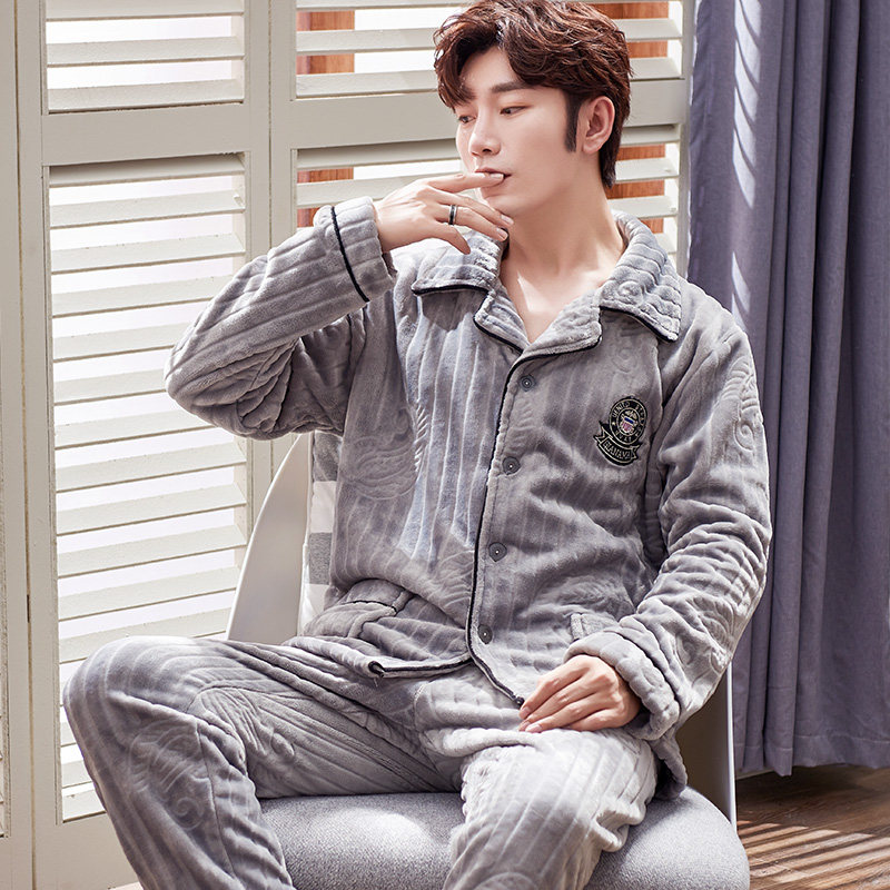 冬季珊瑚绒加绒男士开衫秋冬款睡衣 夕水含睡衣/家居服套装