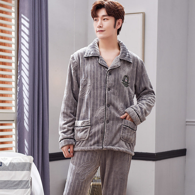冬季珊瑚绒加绒男士开衫秋冬款睡衣 夕水含睡衣/家居服套装