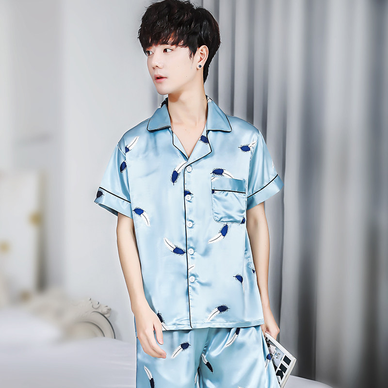 夏季冰丝短袖短裤宽松男士丝绸睡衣 夕水含睡衣/家居服套装