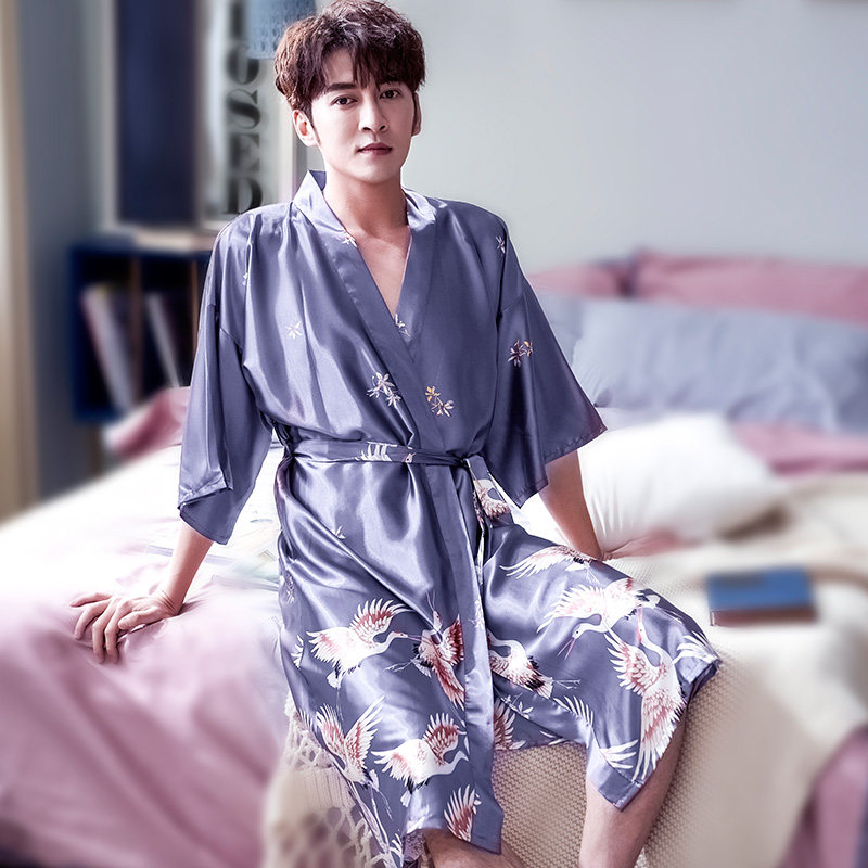 情侣款小性感中长款夏天丝绸浴袍 夕水含睡袍/浴袍