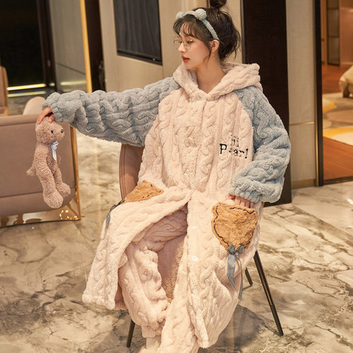 珊瑚绒睡衣女2023年新款秋冬季睡袍长款网红加厚法兰绒家居服小熊 - 图0