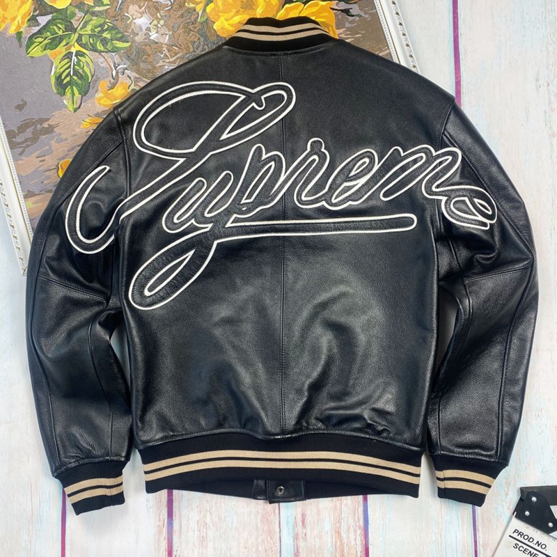 胸100-168男秋冬真皮衣加肥加大棒球服头层牛皮刺绣飞行夹克外套 - 图1