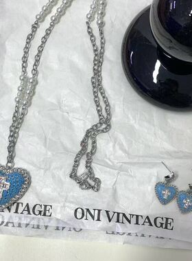 Vintage中古仿蓝松石满钻爱心十字架耳钉甜酷个性超闪y2k耳饰卫衣