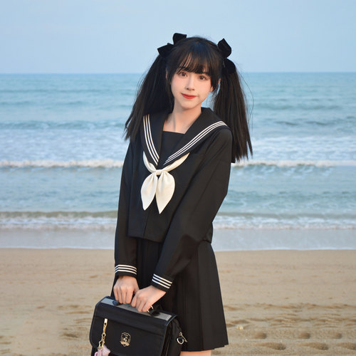 猫屿jk制服基础款暗黑不良少女水手服学院风黑三本中间服套装 - 图0