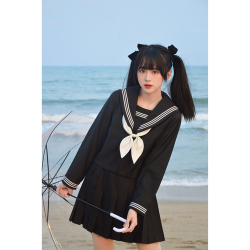 猫屿jk制服基础款暗黑不良少女水手服学院风黑三本中间服套装 - 图1