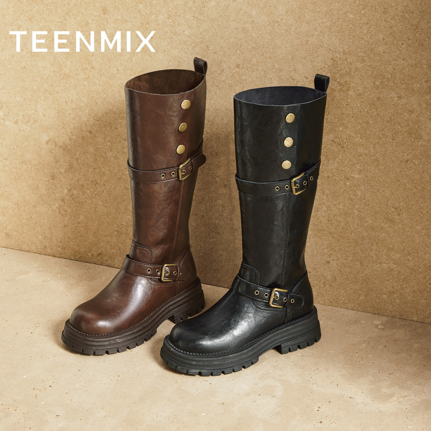 天美意复古厚底骑士靴长靴女鞋子高筒时装靴休闲皮靴2025冬季新款,淘宝优惠券,粉丝福利购,淘宝优惠卷